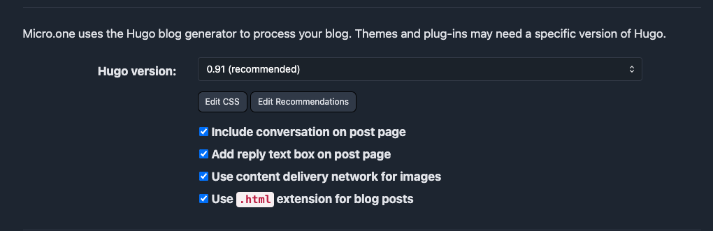 Auto-generated description: A settings interface for Micro.one's Hugo blog generator is displayed, offering various options such as selecting the Hugo version, enabling conversation on post pages, and using the .html extension for blog posts.